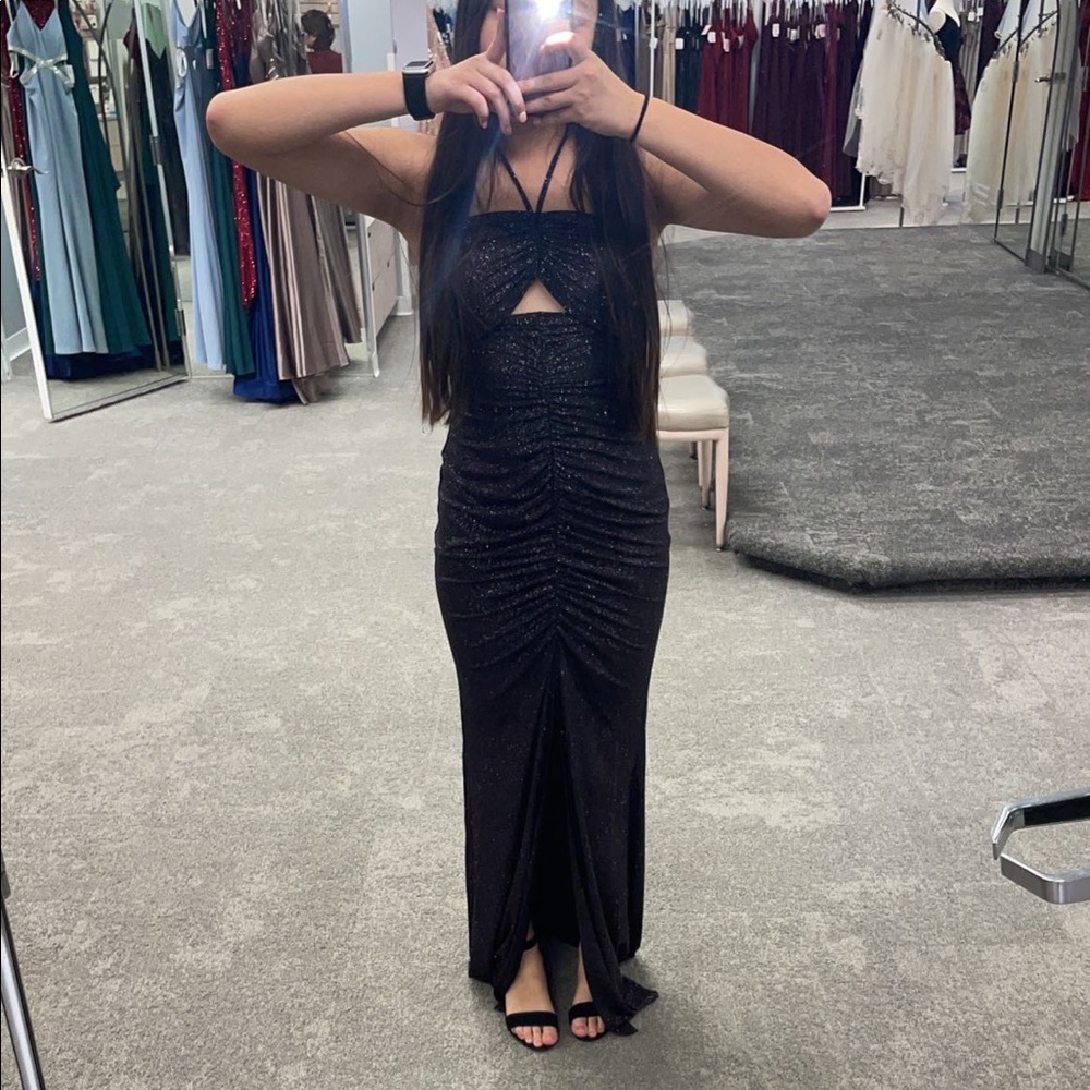 Cutout Glitter Halter Dress with Ruched Skirt